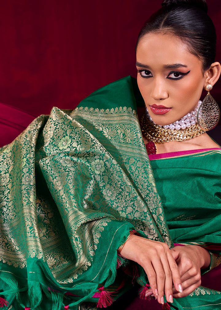 Bottle Green Satin Silk Saree with Floral Butti Motifs