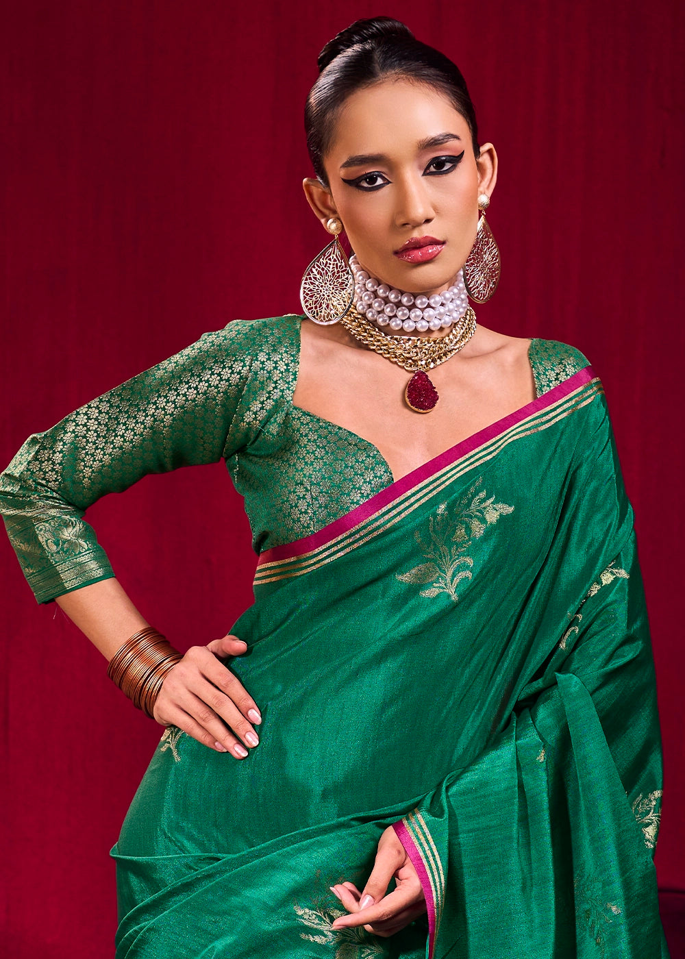 Bottle Green Satin Silk Saree with Floral Butti Motifs