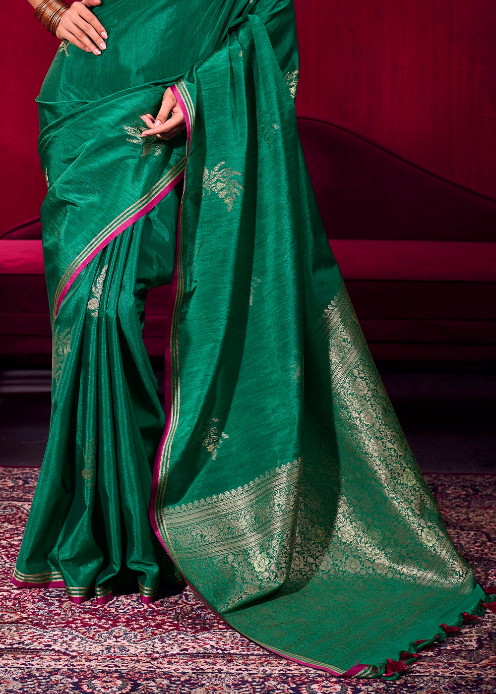 Bottle Green Satin Silk Saree with Floral Butti Motifs