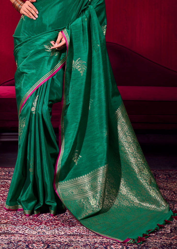 Bottle Green Satin Silk Saree with Floral Butti Motifs