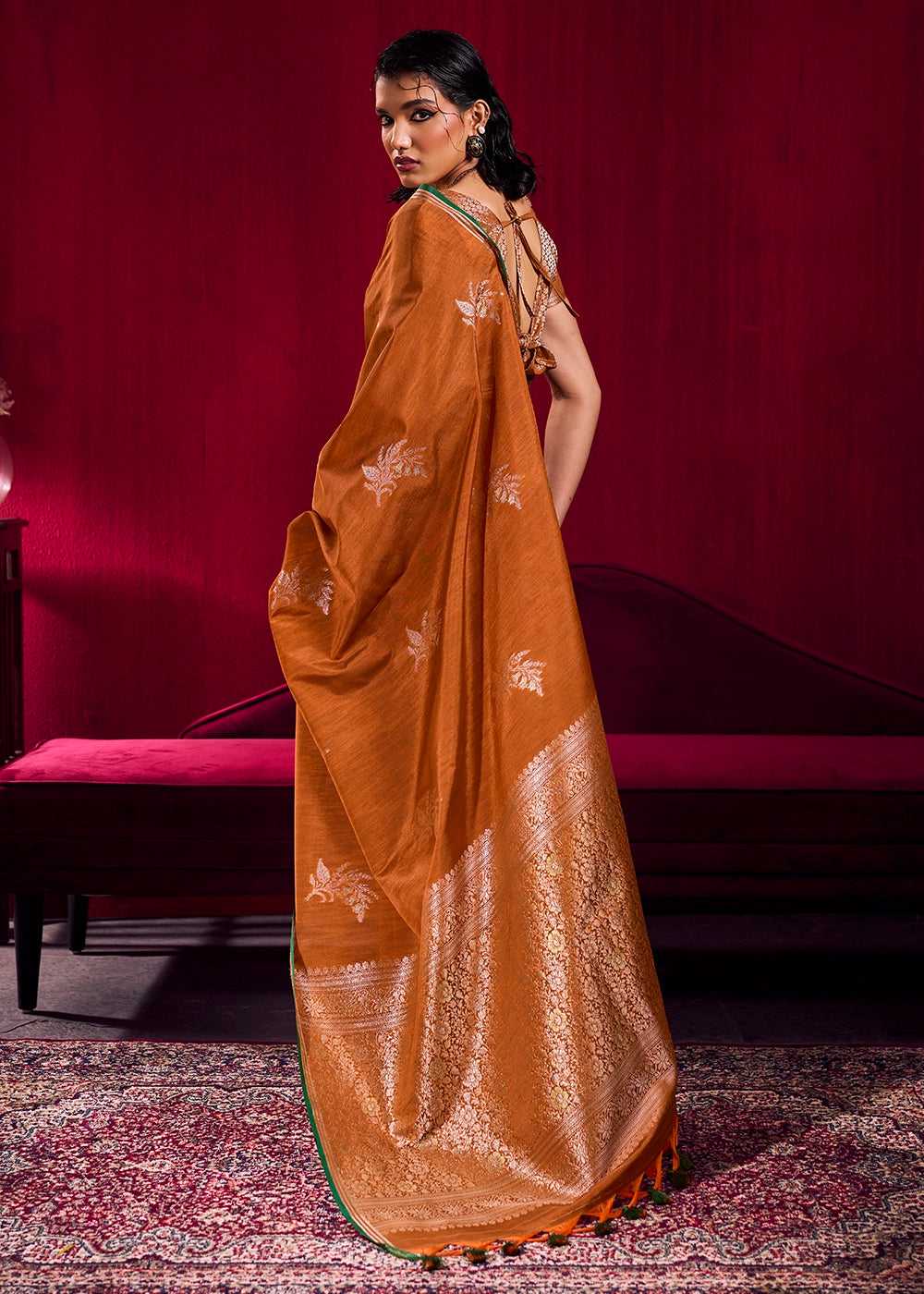 Cinnamon Brown Satin Silk Saree with Floral Butti Motifs