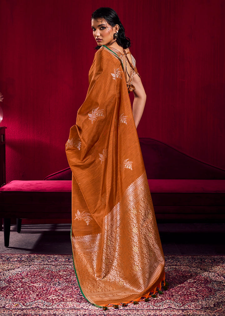 Cinnamon Brown Satin Silk Saree with Floral Butti Motifs