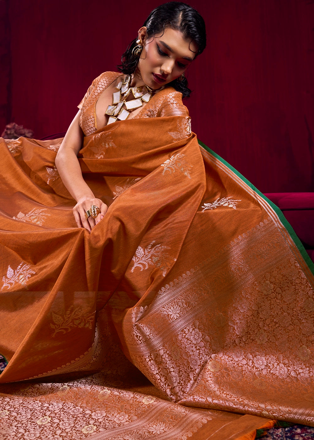 Cinnamon Brown Satin Silk Saree with Floral Butti Motifs