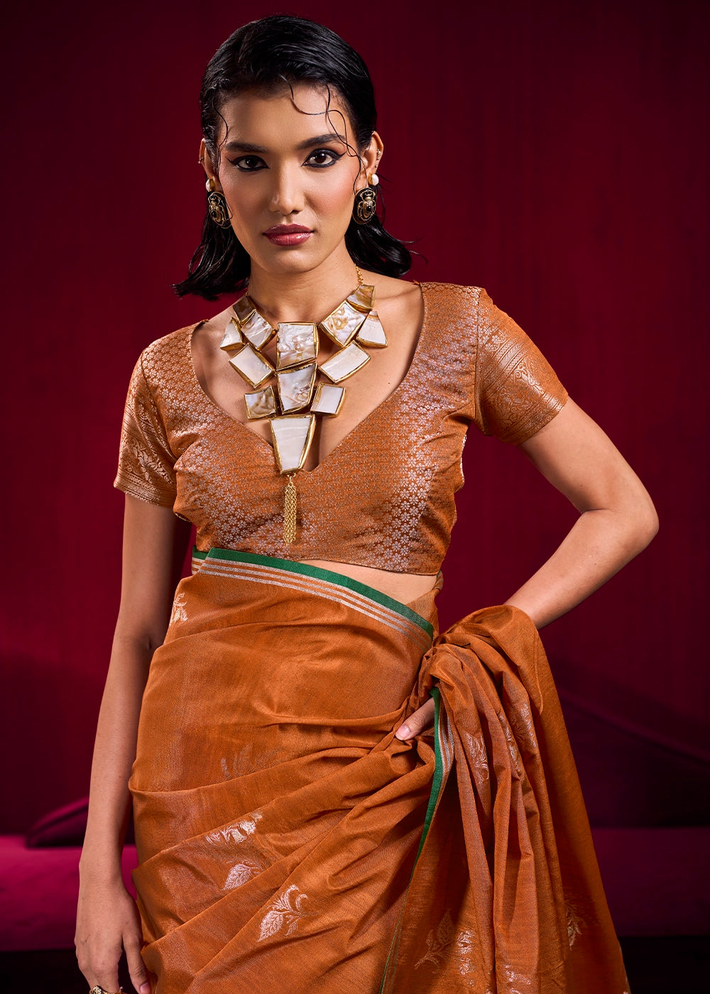 Cinnamon Brown Satin Silk Saree with Floral Butti Motifs