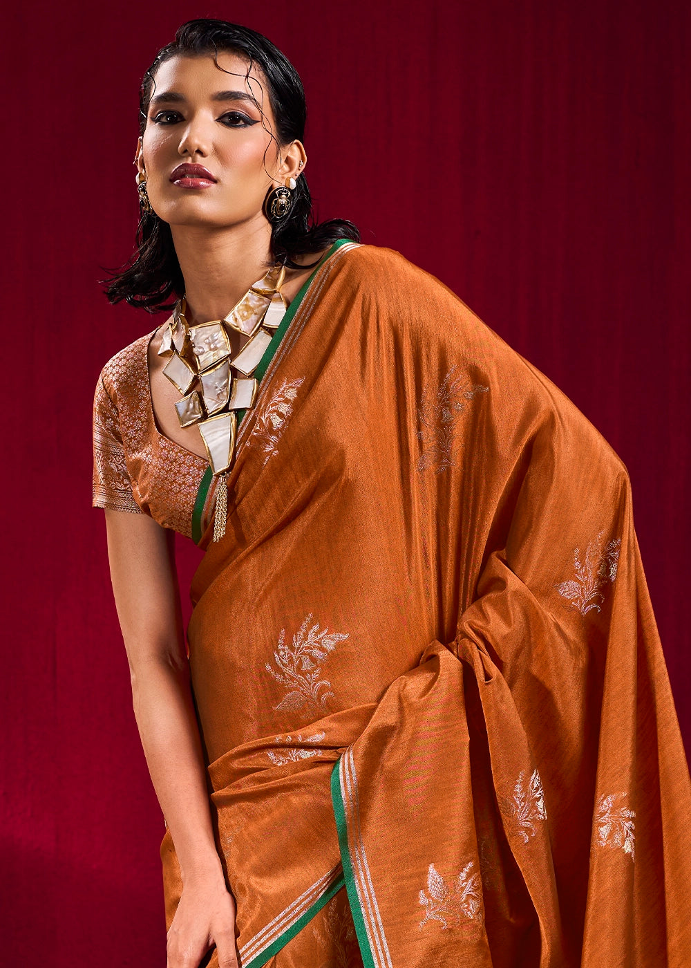 Cinnamon Brown Satin Silk Saree with Floral Butti Motifs