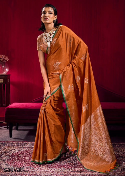 Cinnamon Brown Satin Silk Saree with Floral Butti Motifs