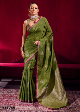 Pickle Green Satin Silk Saree with Floral Butti Motifs