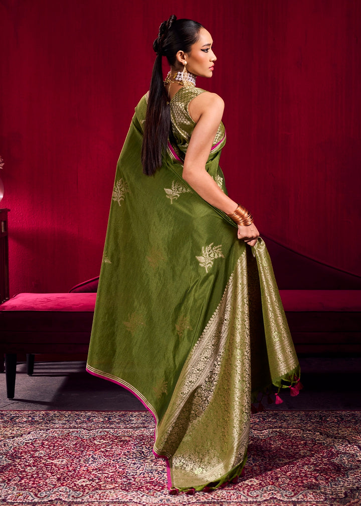 Pickle Green Satin Silk Saree with Floral Butti Motifs