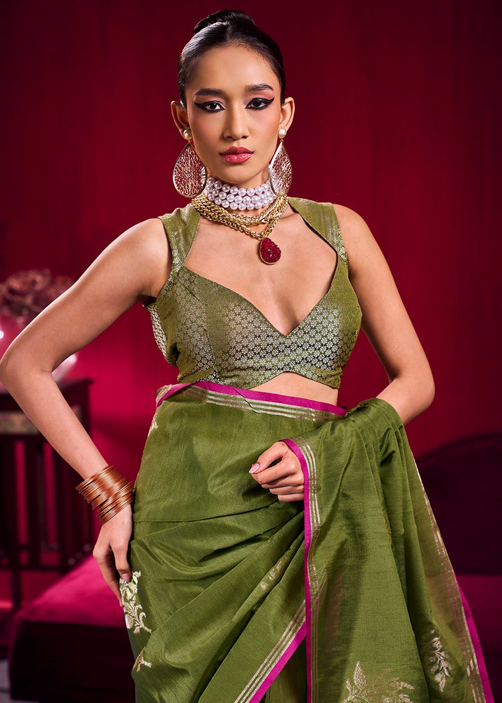 Pickle Green Satin Silk Saree with Floral Butti Motifs