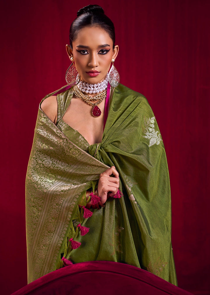 Pickle Green Satin Silk Saree with Floral Butti Motifs