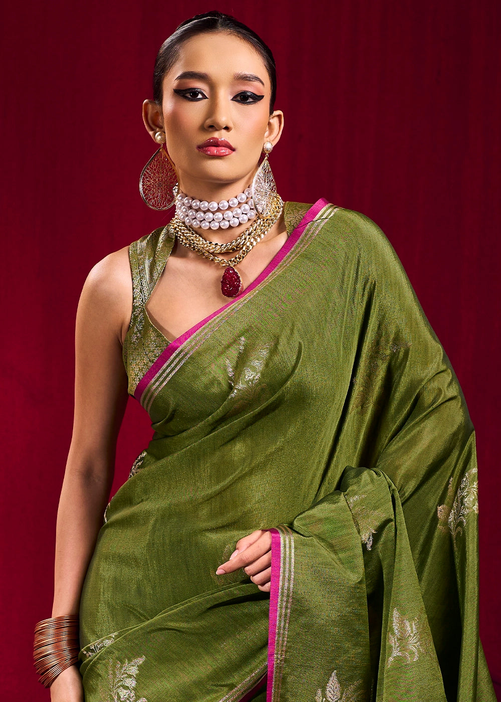 Pickle Green Satin Silk Saree with Floral Butti Motifs