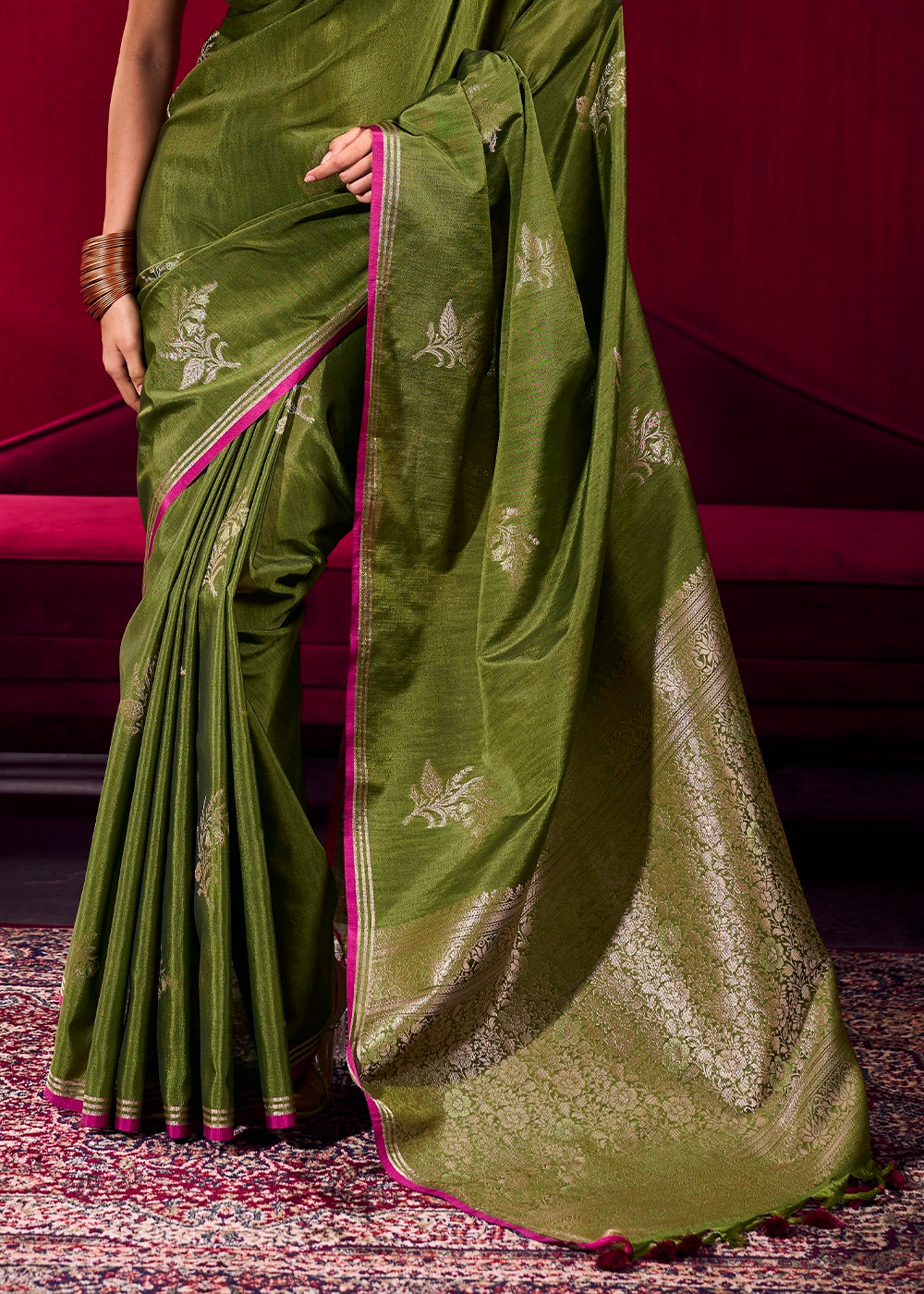 Pickle Green Satin Silk Saree with Floral Butti Motifs