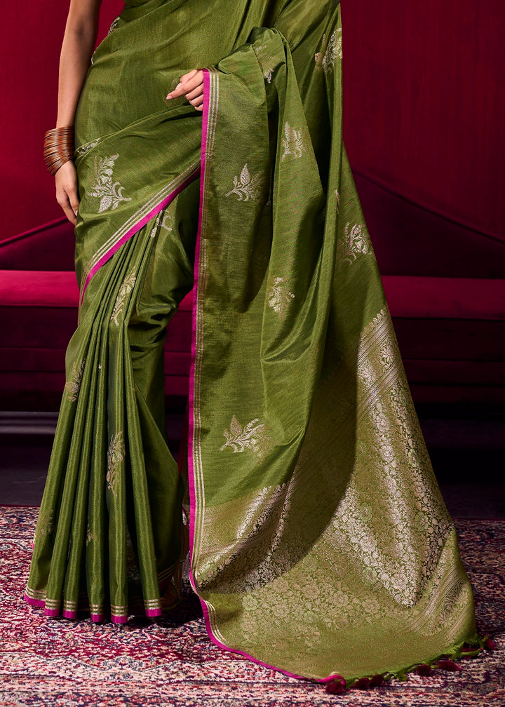 Pickle Green Satin Silk Saree with Floral Butti Motifs