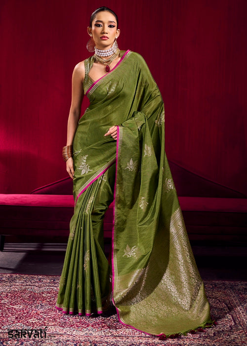Pickle Green Satin Silk Saree with Floral Butti Motifs