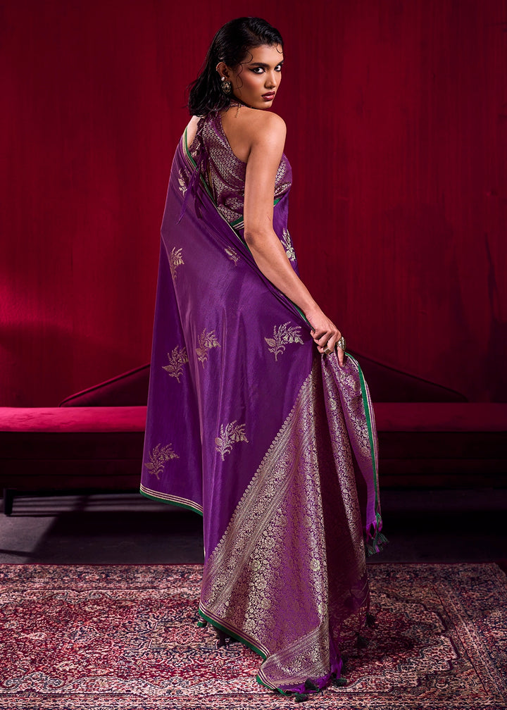 Grape Purple Satin Silk Saree with Floral Butti Motifs