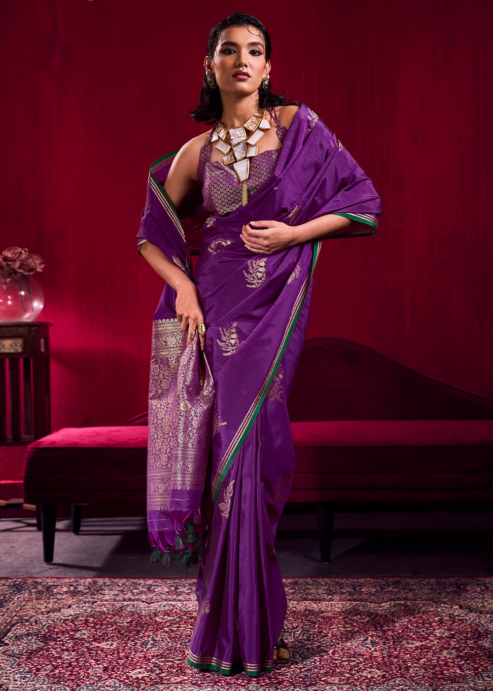 Grape Purple Satin Silk Saree with Floral Butti Motifs