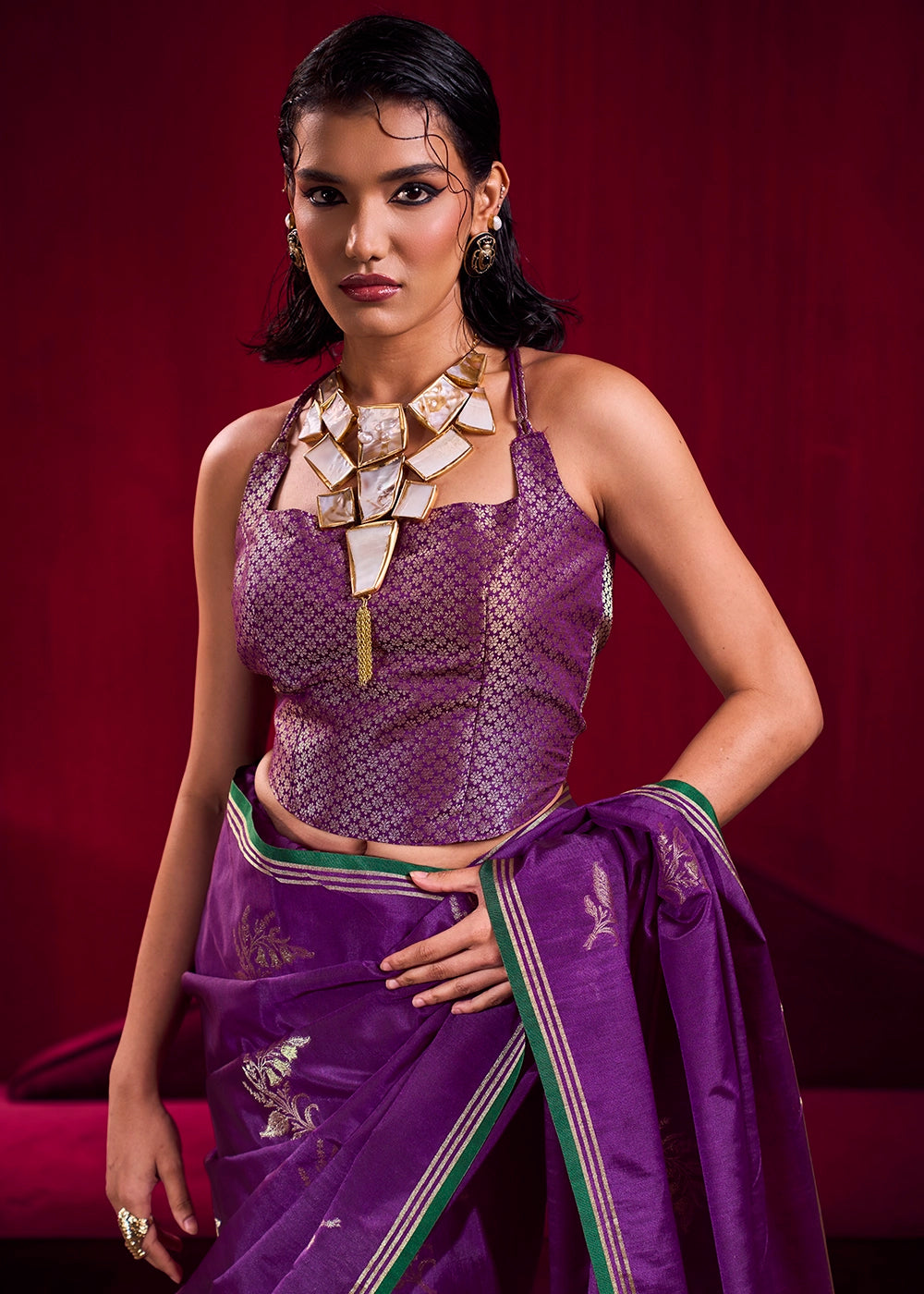 Grape Purple Satin Silk Saree with Floral Butti Motifs