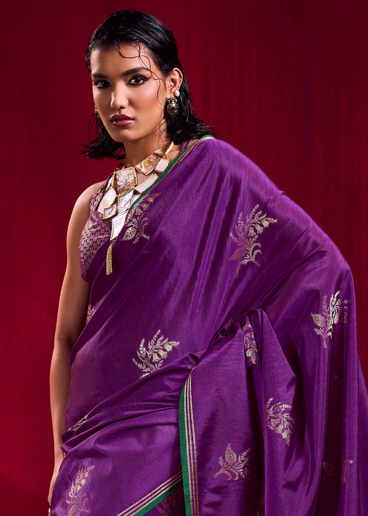 Grape Purple Satin Silk Saree with Floral Butti Motifs