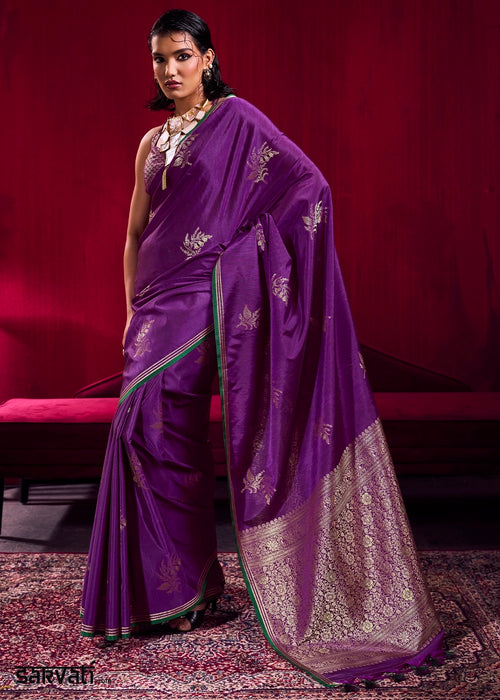 Grape Purple Satin Silk Saree with Floral Butti Motifs