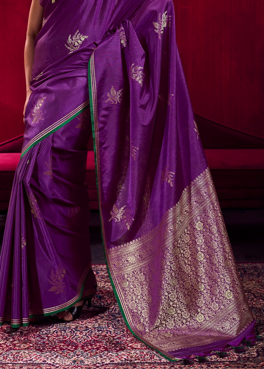Grape Purple Satin Silk Saree with Floral Butti Motifs