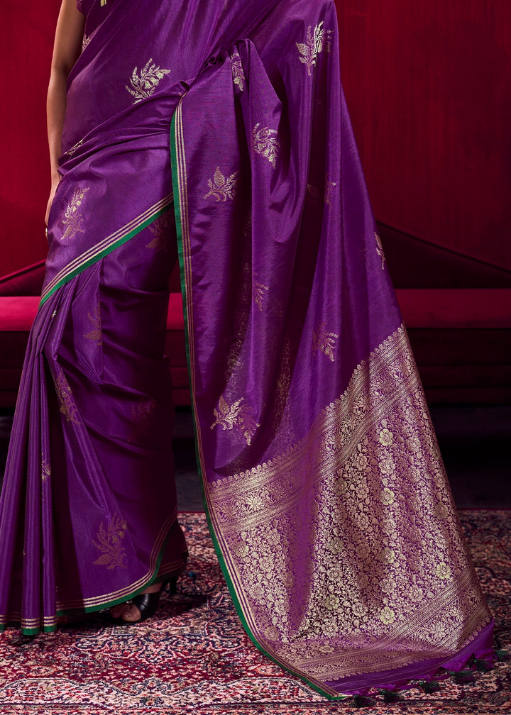 Grape Purple Satin Silk Saree with Floral Butti Motifs