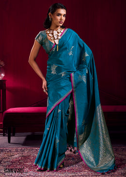 Cobalt Blue Satin Silk Saree with Floral Butti Motifs