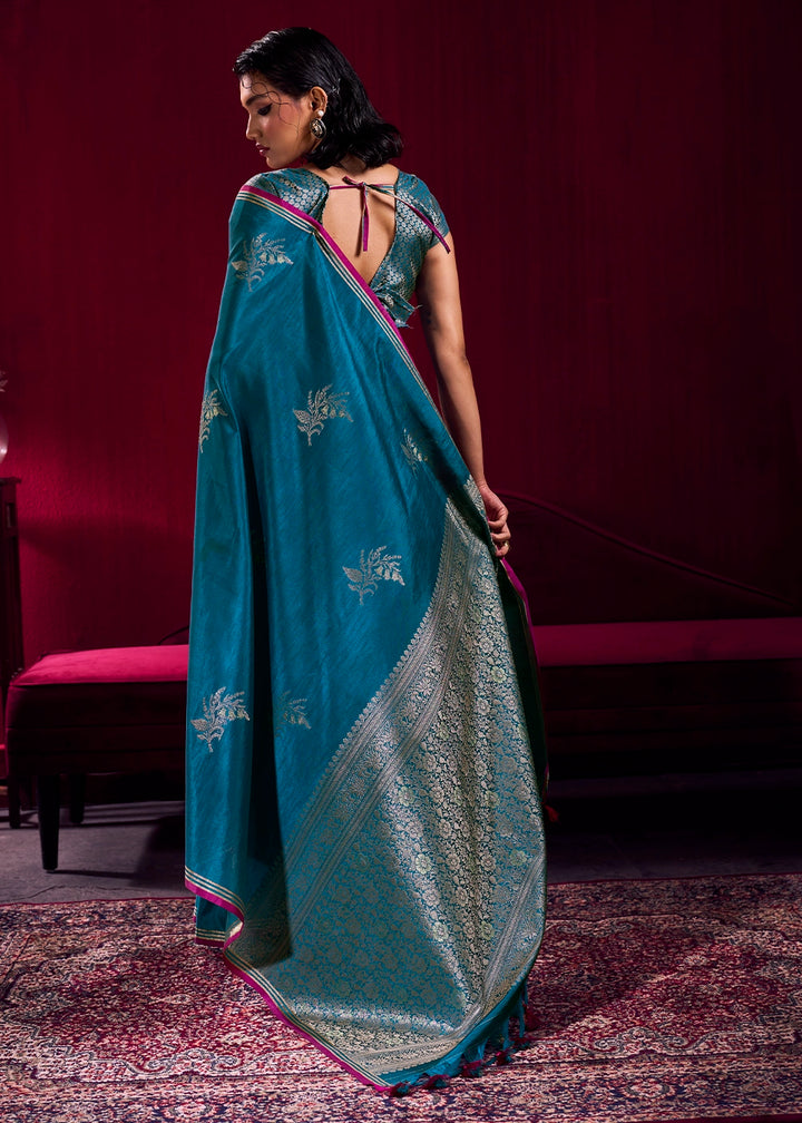 Cobalt Blue Satin Silk Saree with Floral Butti Motifs