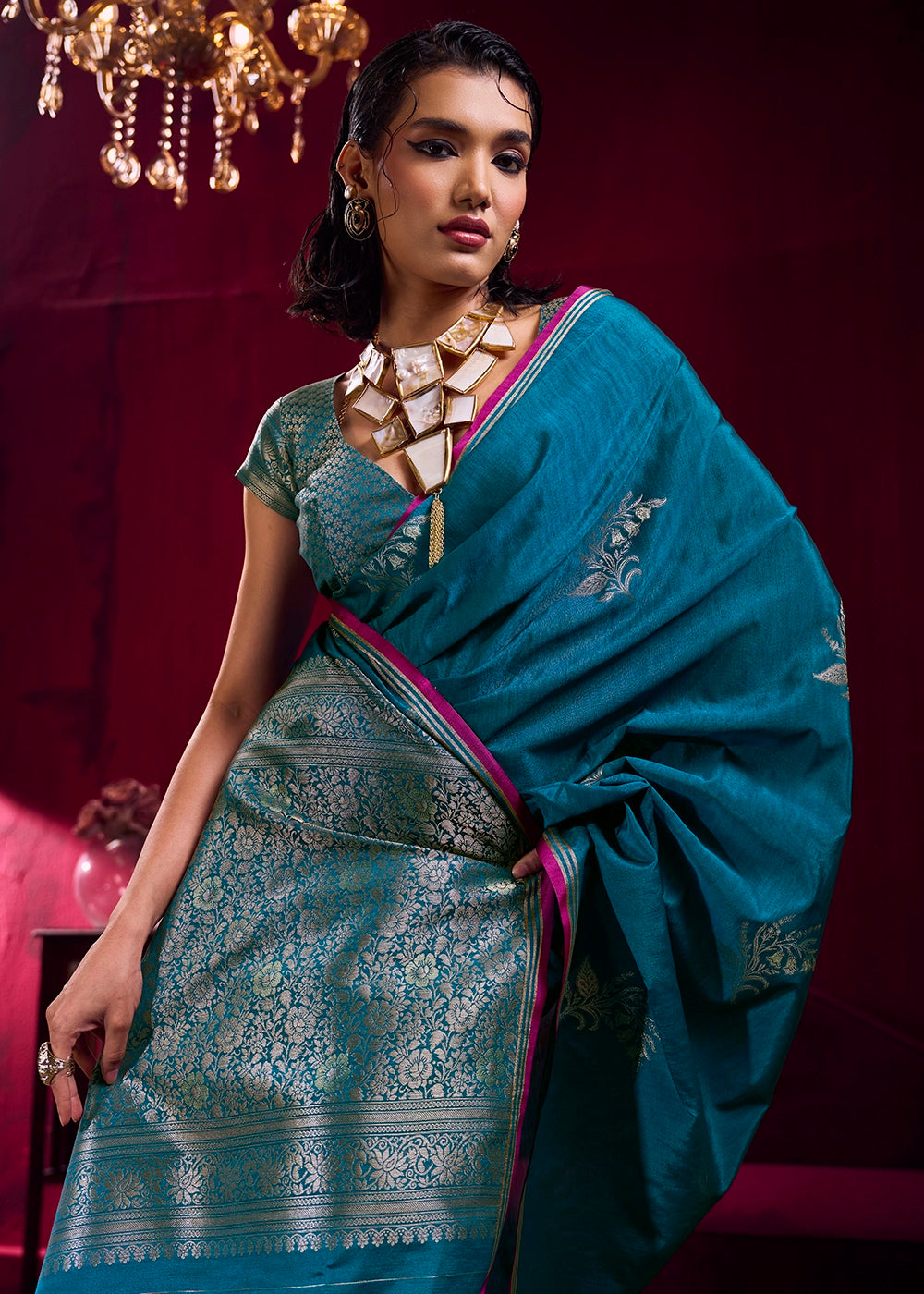 Cobalt Blue Satin Silk Saree with Floral Butti Motifs