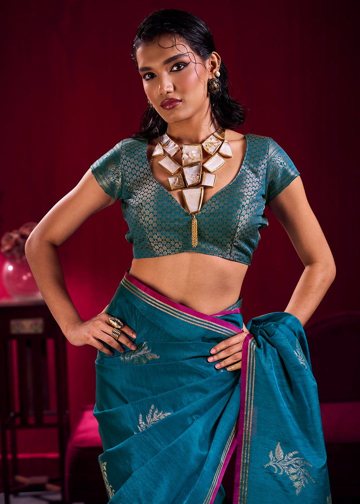 Cobalt Blue Satin Silk Saree with Floral Butti Motifs