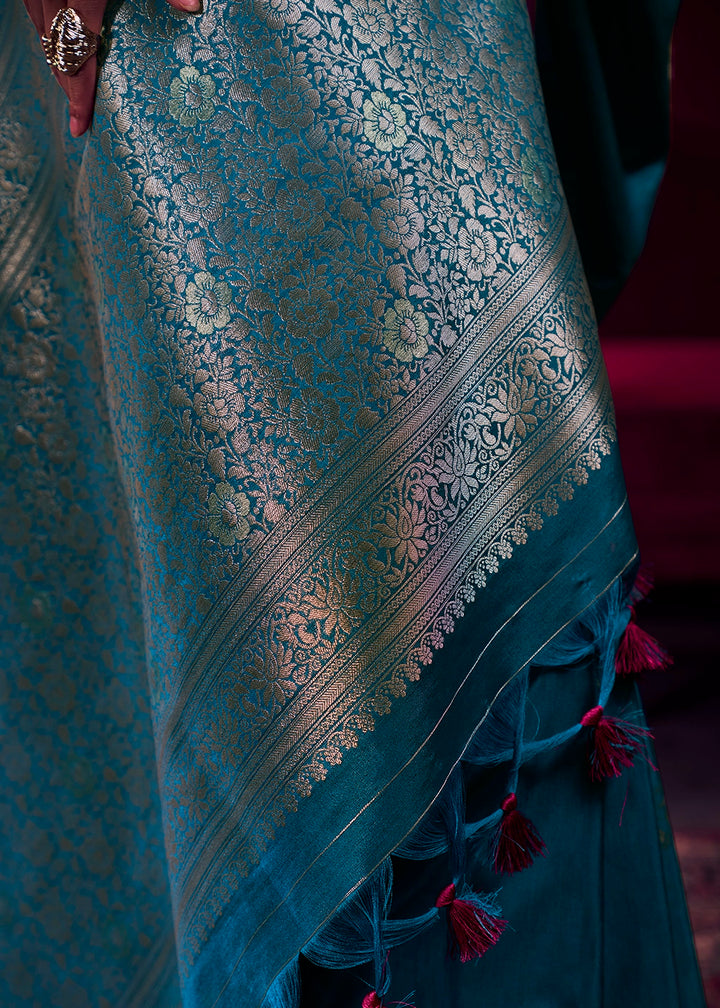 Cobalt Blue Satin Silk Saree with Floral Butti Motifs