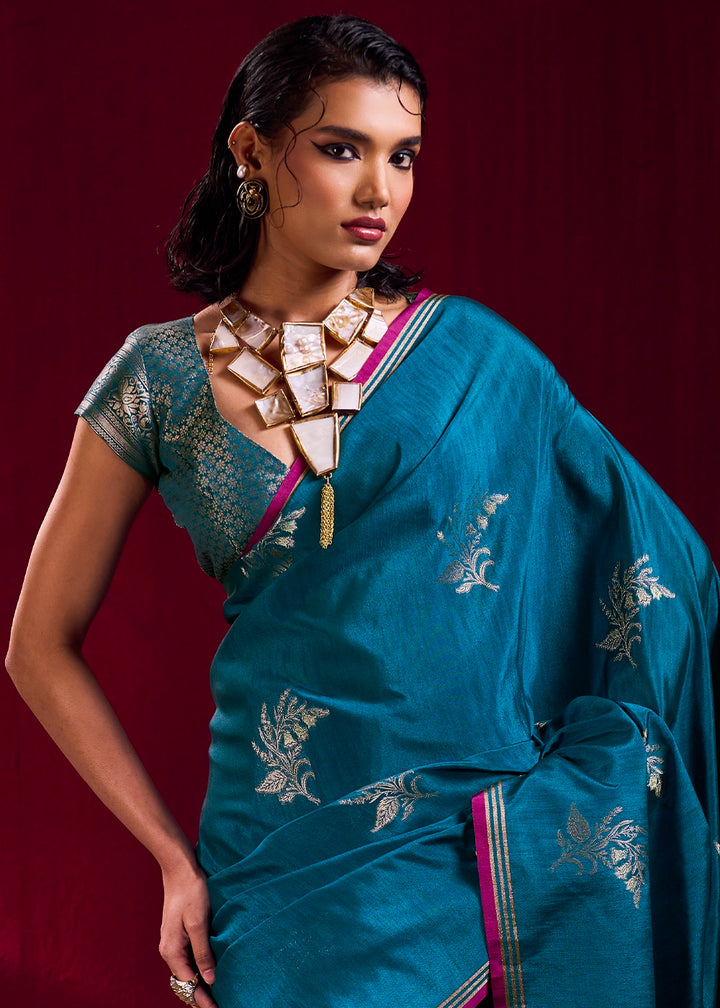 Cobalt Blue Satin Silk Saree with Floral Butti Motifs