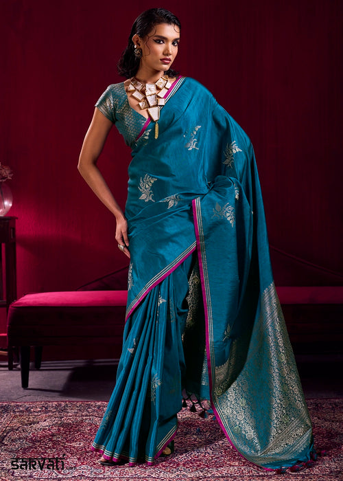 Cobalt Blue Satin Silk Saree with Floral Butti Motifs