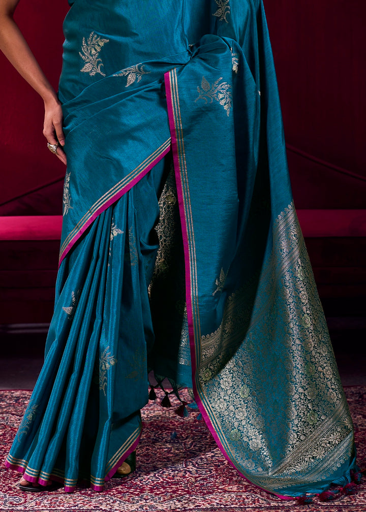 Cobalt Blue Satin Silk Saree with Floral Butti Motifs