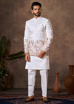 White Premium Silk Kurta Set with Embroidered Jacket