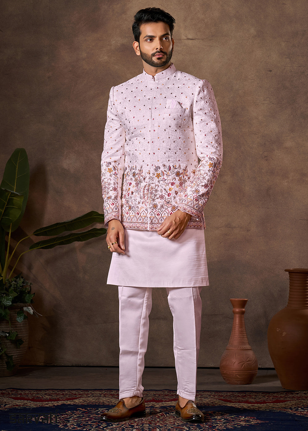 Light Pink Premium Silk Kurta Set with Embroidered Jacket