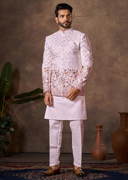 Light Pink Premium Silk Kurta Set with Embroidered Jacket