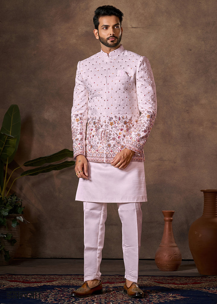 Light Pink Premium Silk Kurta Set with Embroidered Jacket