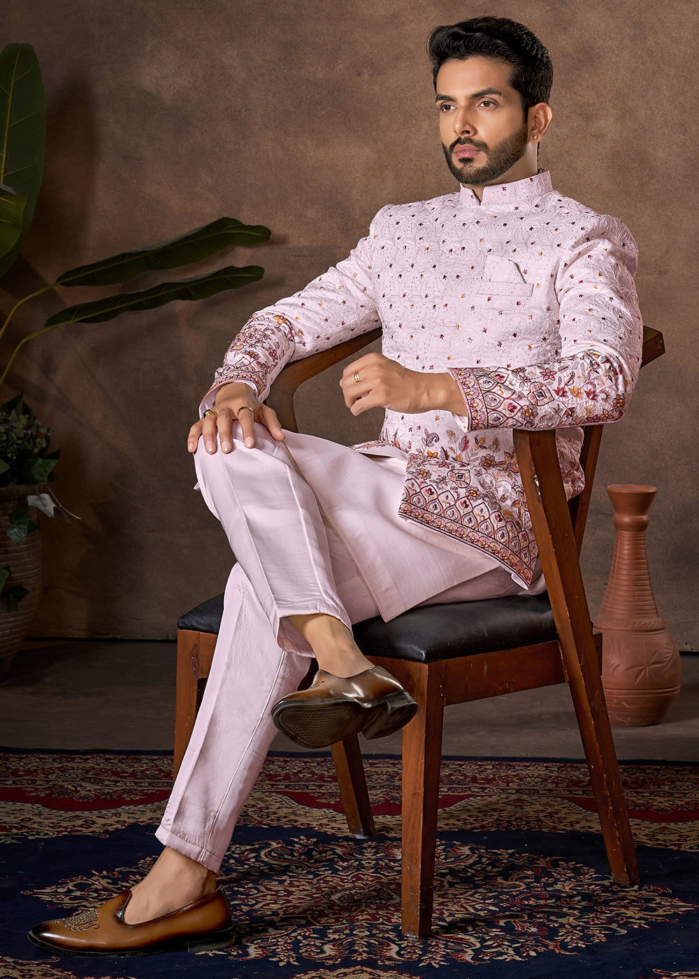 Light Pink Premium Silk Kurta Set with Embroidered Jacket
