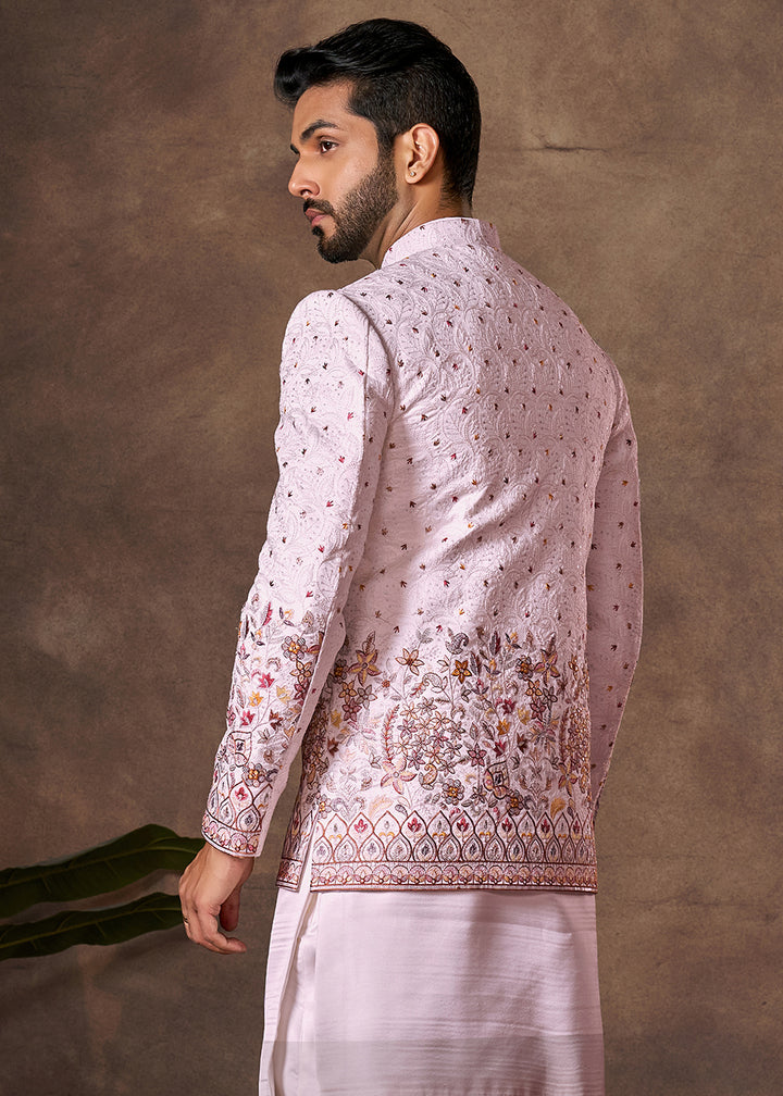 Light Pink Premium Silk Kurta Set with Embroidered Jacket