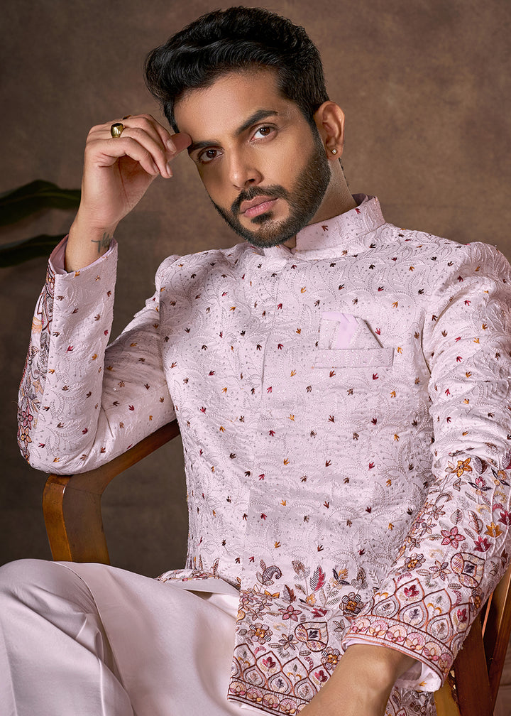 Light Pink Premium Silk Kurta Set with Embroidered Jacket