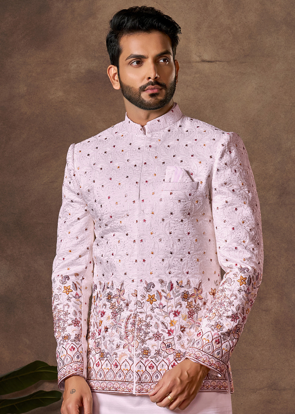 Light Pink Premium Silk Kurta Set with Embroidered Jacket