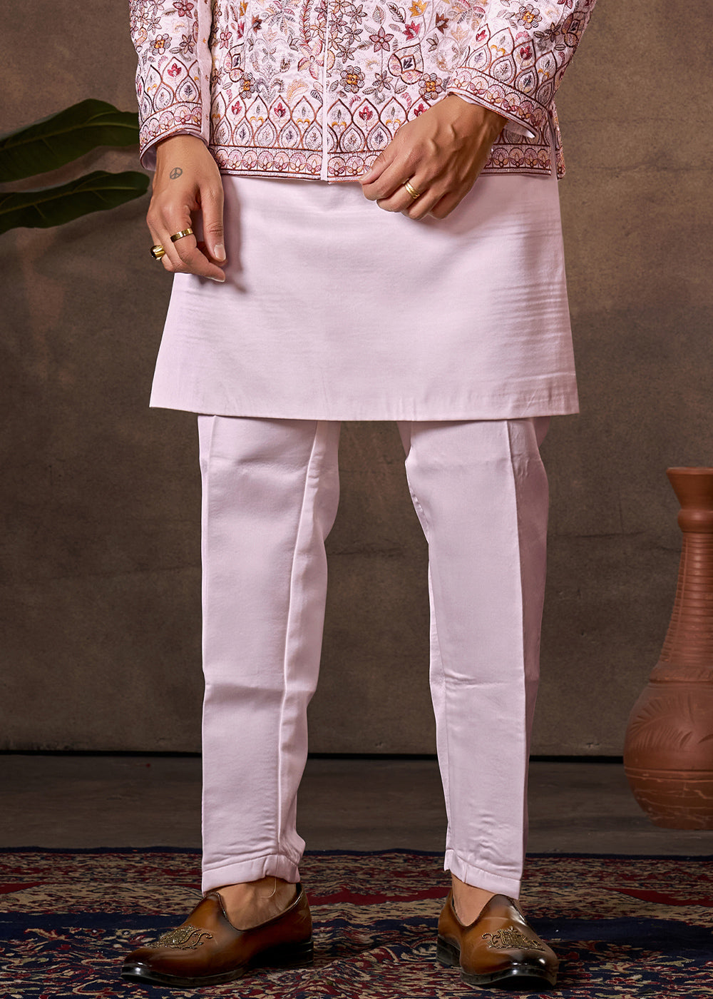Light Pink Premium Silk Kurta Set with Embroidered Jacket