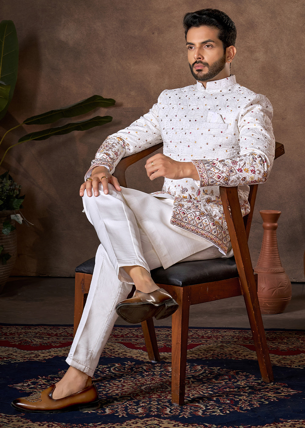 White Premium Silk Kurta Set with Embroidered Jacket