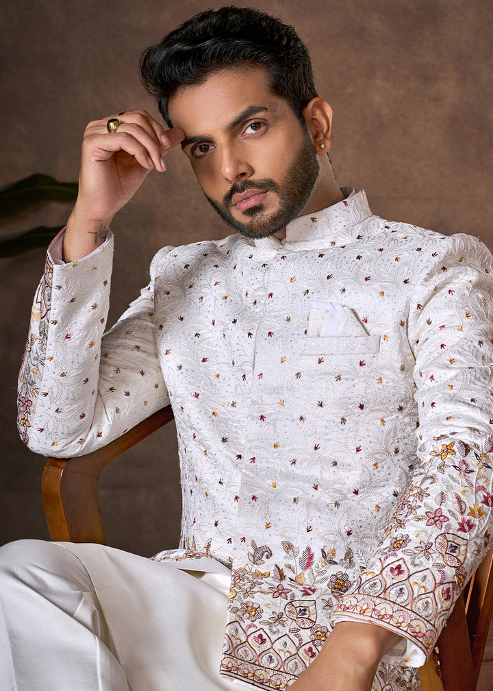 White Premium Silk Kurta Set with Embroidered Jacket