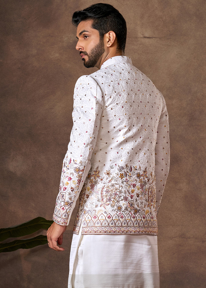 White Premium Silk Kurta Set with Embroidered Jacket