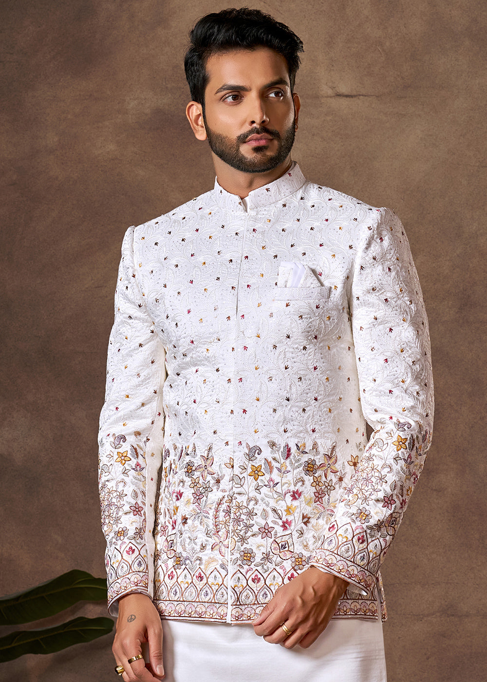 White Premium Silk Kurta Set with Embroidered Jacket