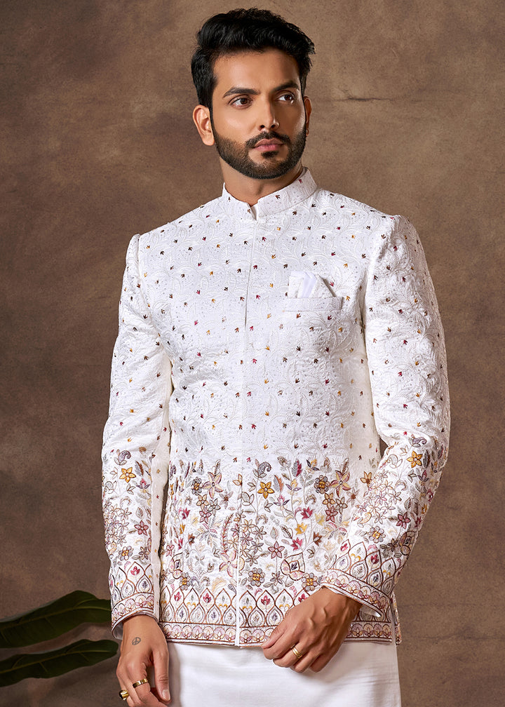 White Premium Silk Kurta Set with Embroidered Jacket