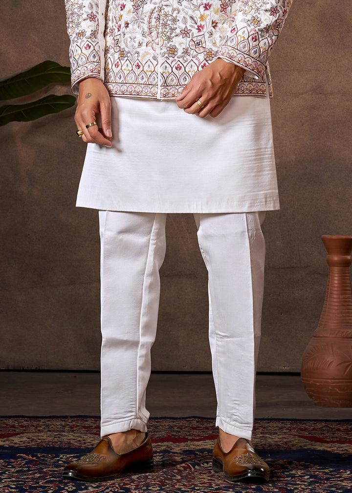 White Premium Silk Kurta Set with Embroidered Jacket
