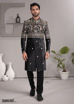 Black Velvet Embroidered Indo-Western Suit with Trousers