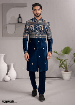 Blue Embroidered Indo-Western Suit with Matching Trousers